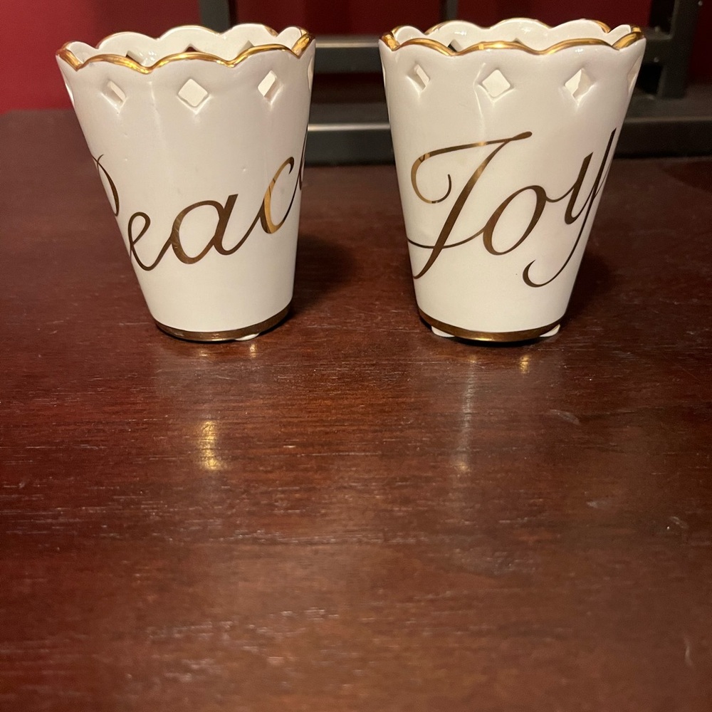 Pottery Barn Joy and Peace candle holders